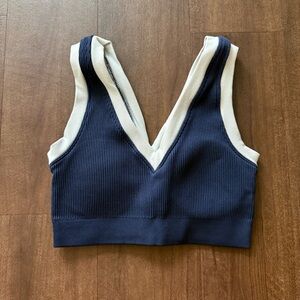 Aerie Navy and White Ribbed V-Neck Crop Top